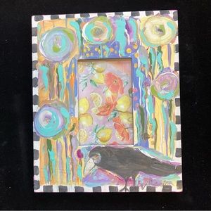 Painted Wooden Picture Frame 11.5”x8.5” “Crow With Flowers “Acrylic Hand painted